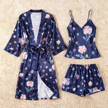 Elegant Satin Loungewear Trio with Watercolor Floral Motifs