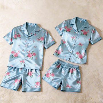 Silky Satin Bloom Print Pajama Set – Classic Couple Sleepwear