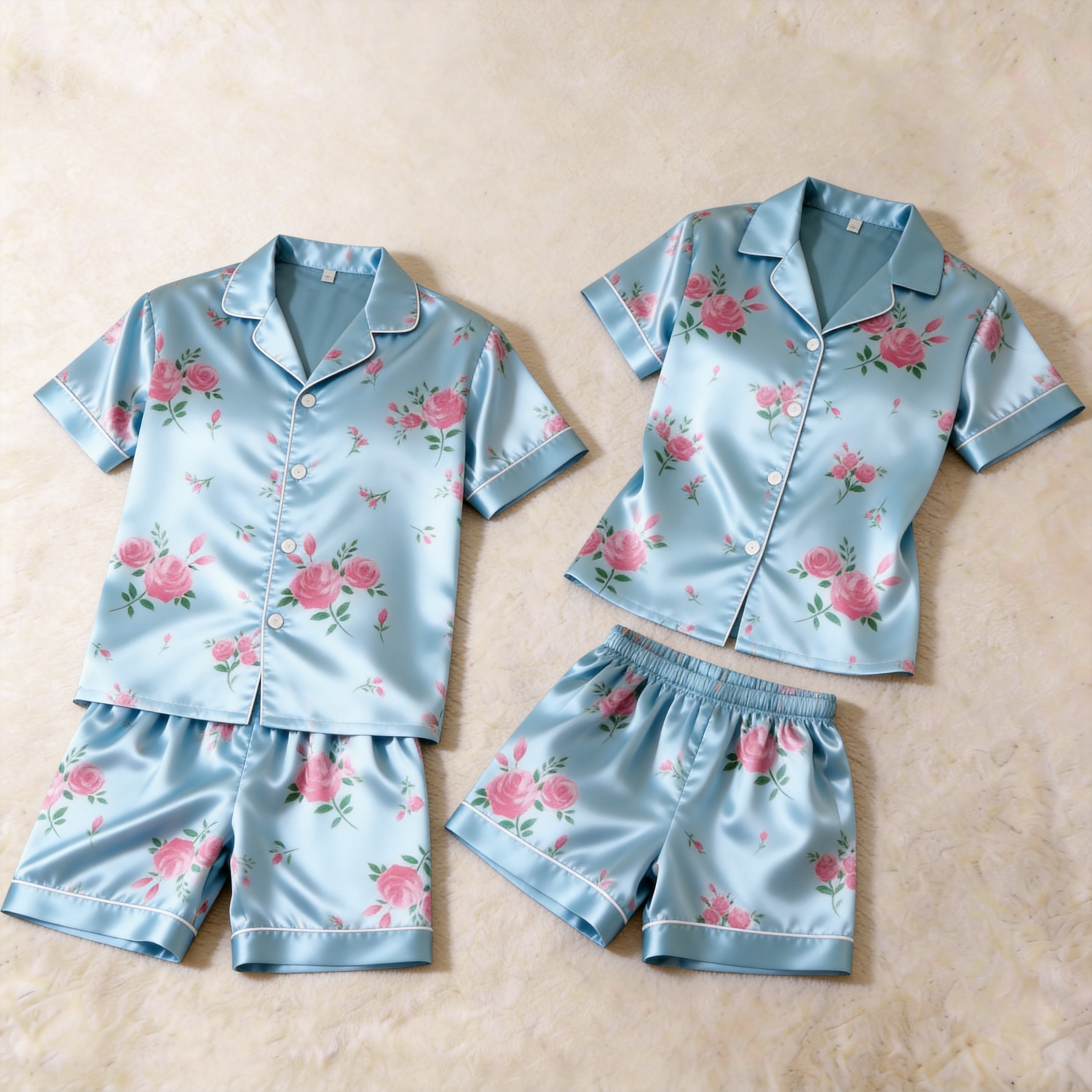 Silky Satin Bloom Print Pajama Set – Classic Couple Sleepwear