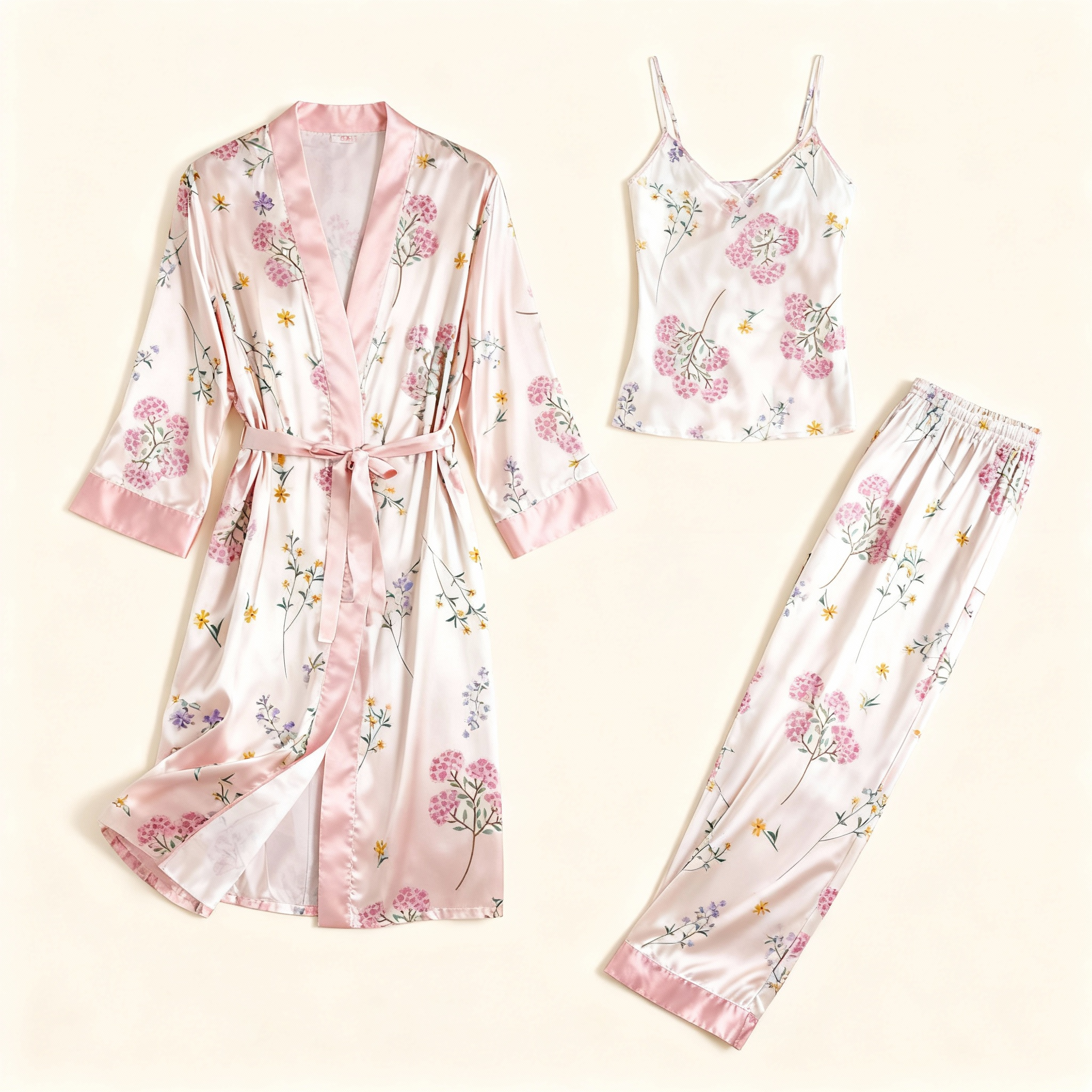 Women's 3-Piece Pink Garden Bloom Satin Loungewear
