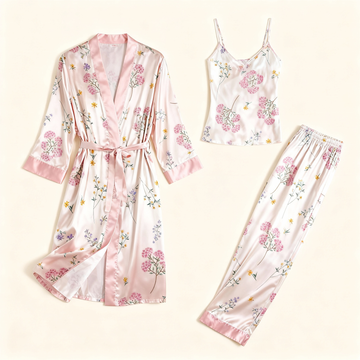 Women's 3-Piece Pink Garden Bloom Satin Loungewear