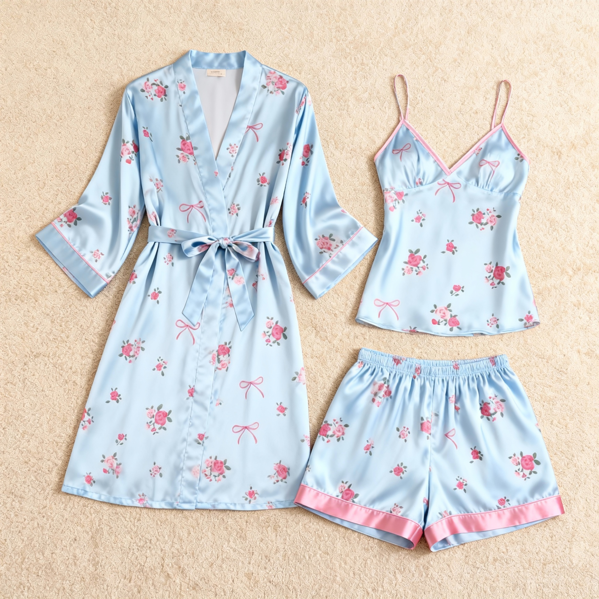 Delicate Blossoms Design Elegance 3-Piece Satin Lounge Set for Women