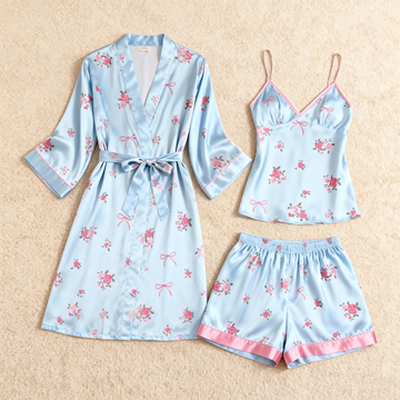 Delicate Blossoms Design Elegance 3-Piece Satin Lounge Set for Women