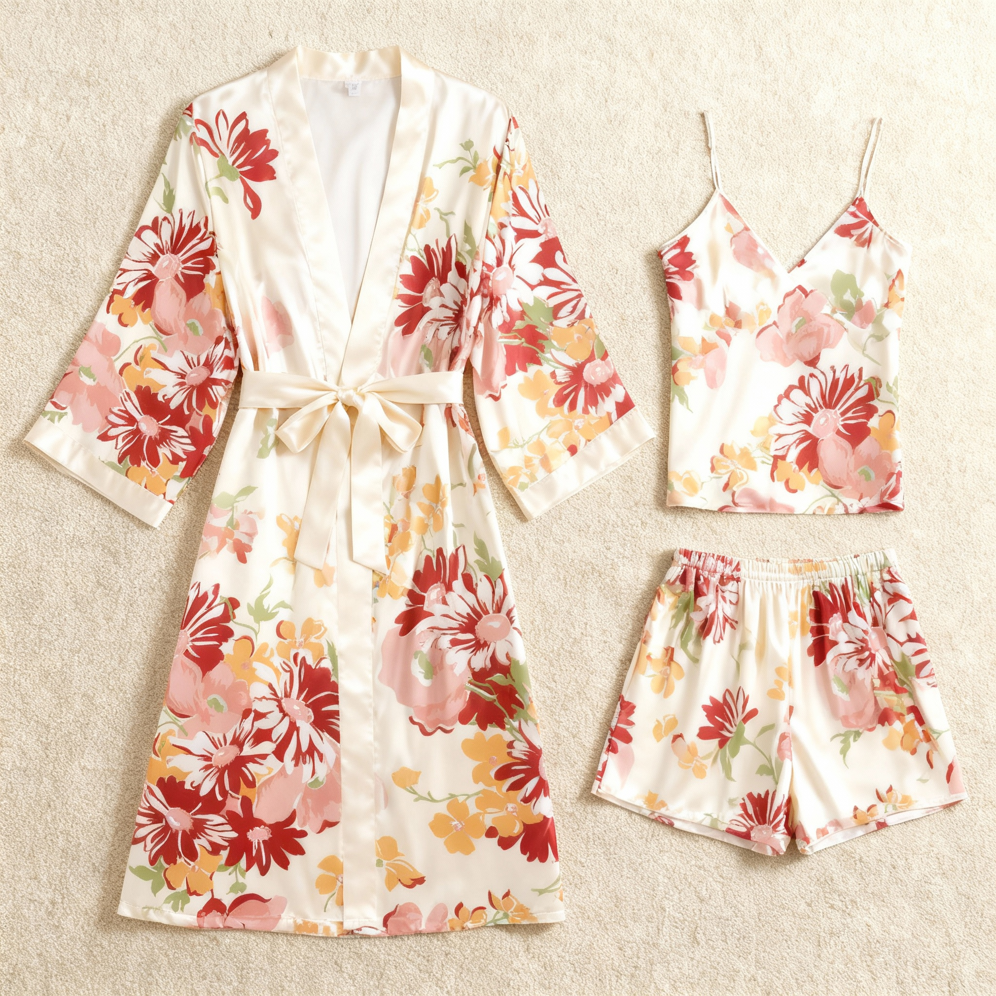 Elegant Satin Loungewear Trio with Blooming Floral Motifs