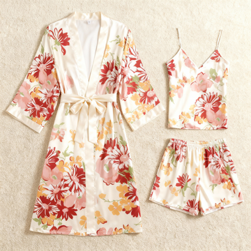 Elegant Satin Loungewear Trio with Blooming Floral Motifs