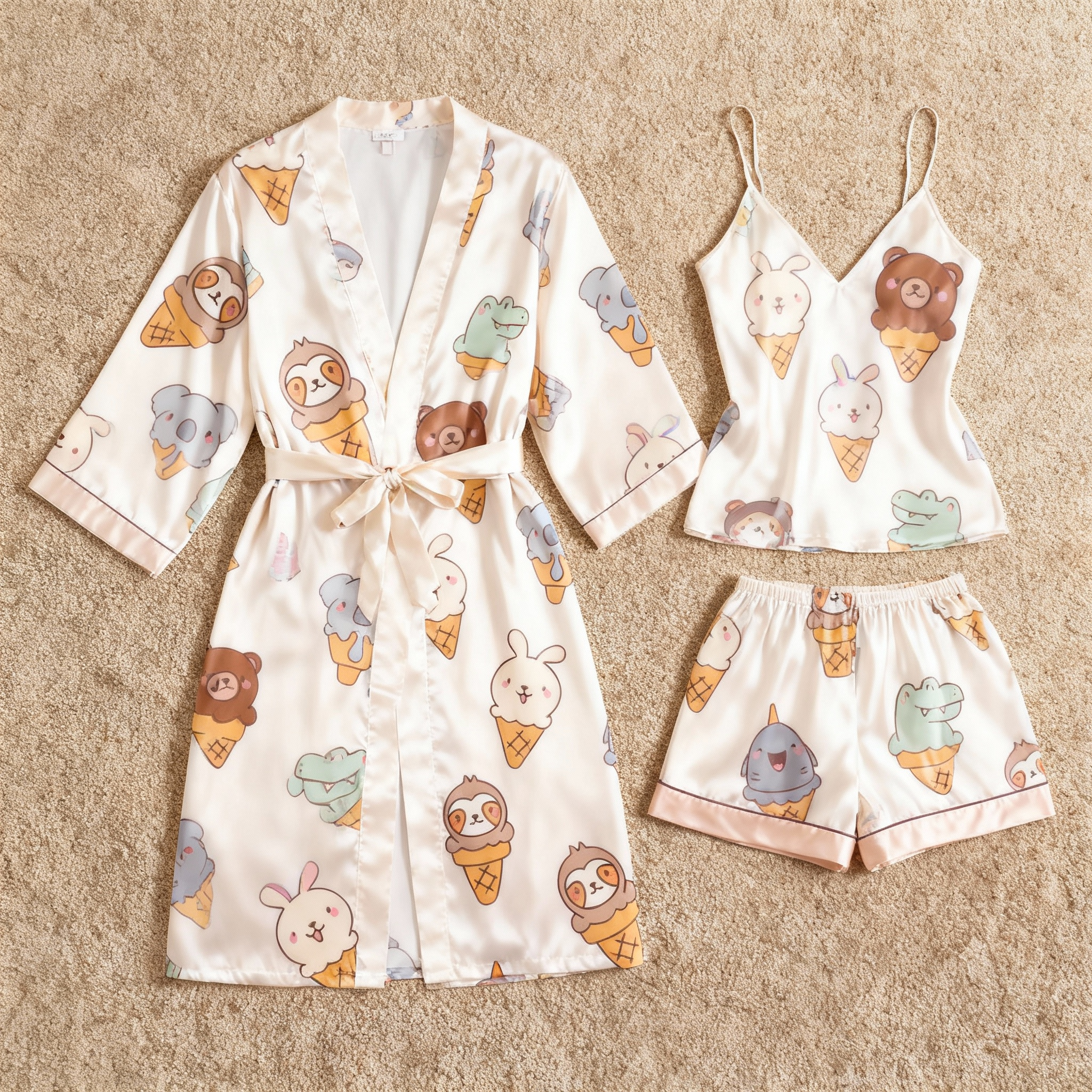 Elegant Satin 3-Piece Loungewear Set with Ice cream Design