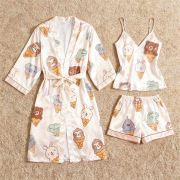 Elegant Satin 3-Piece Loungewear Set with Ice cream Design