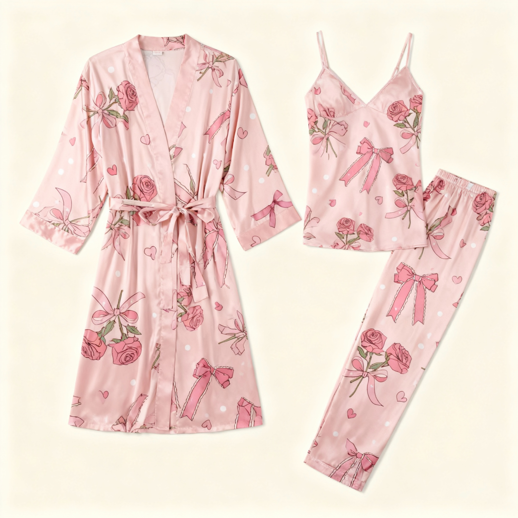 Women's 3-Piece Sweet Bowknot Satin Loungewear