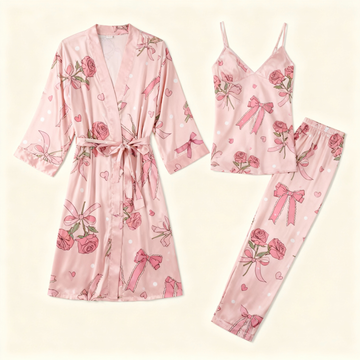 Women's 3-Piece Sweet Bowknot Satin Loungewear