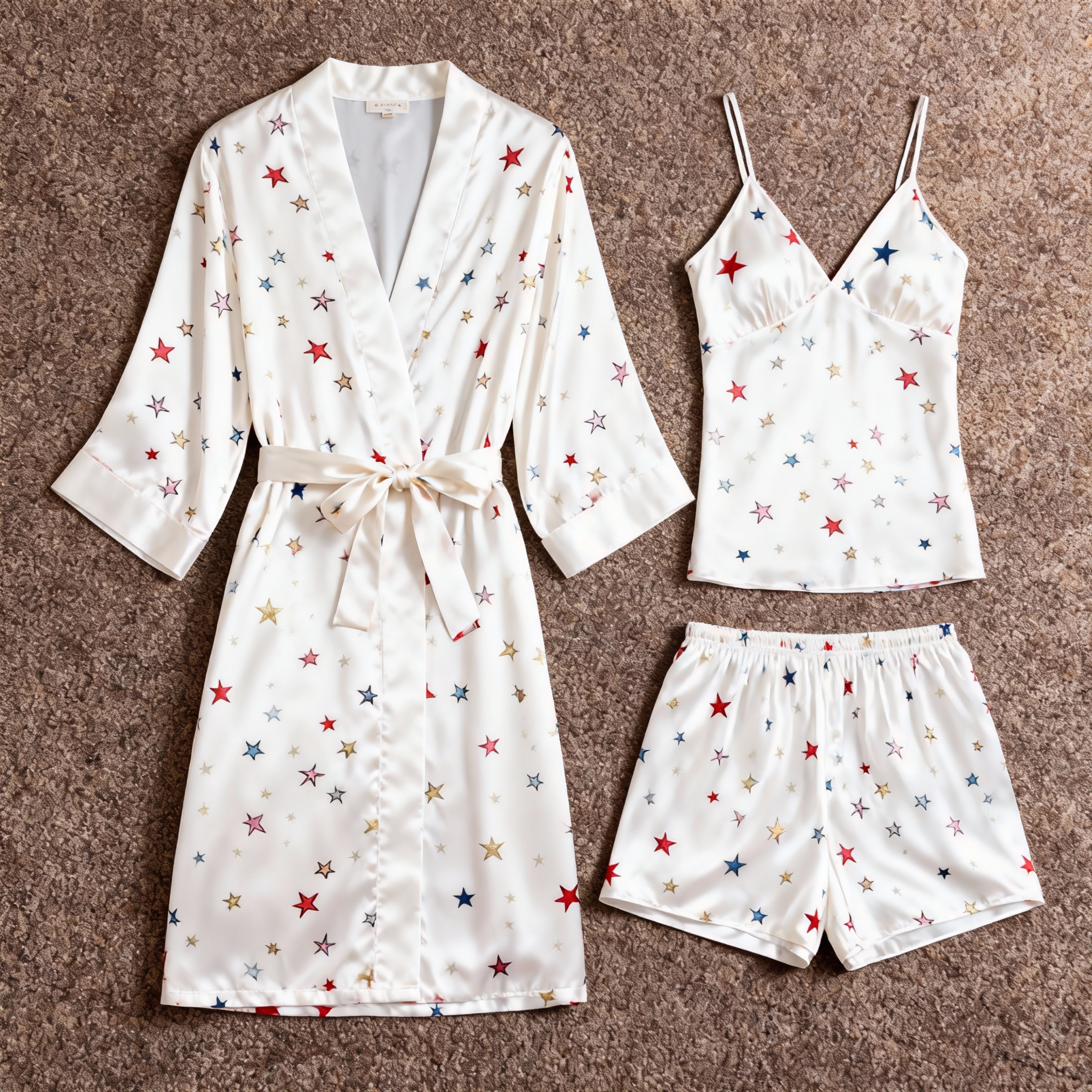 Elegant Satin White Loungewear Trio with Colorful Star Motifs