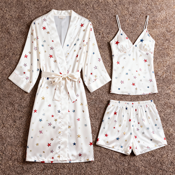 Elegant Satin White Loungewear Trio with Colorful Star Motifs