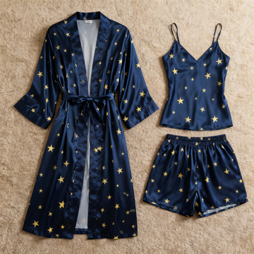 Elegant Satin Navy Loungewear Trio with Star Motifs
