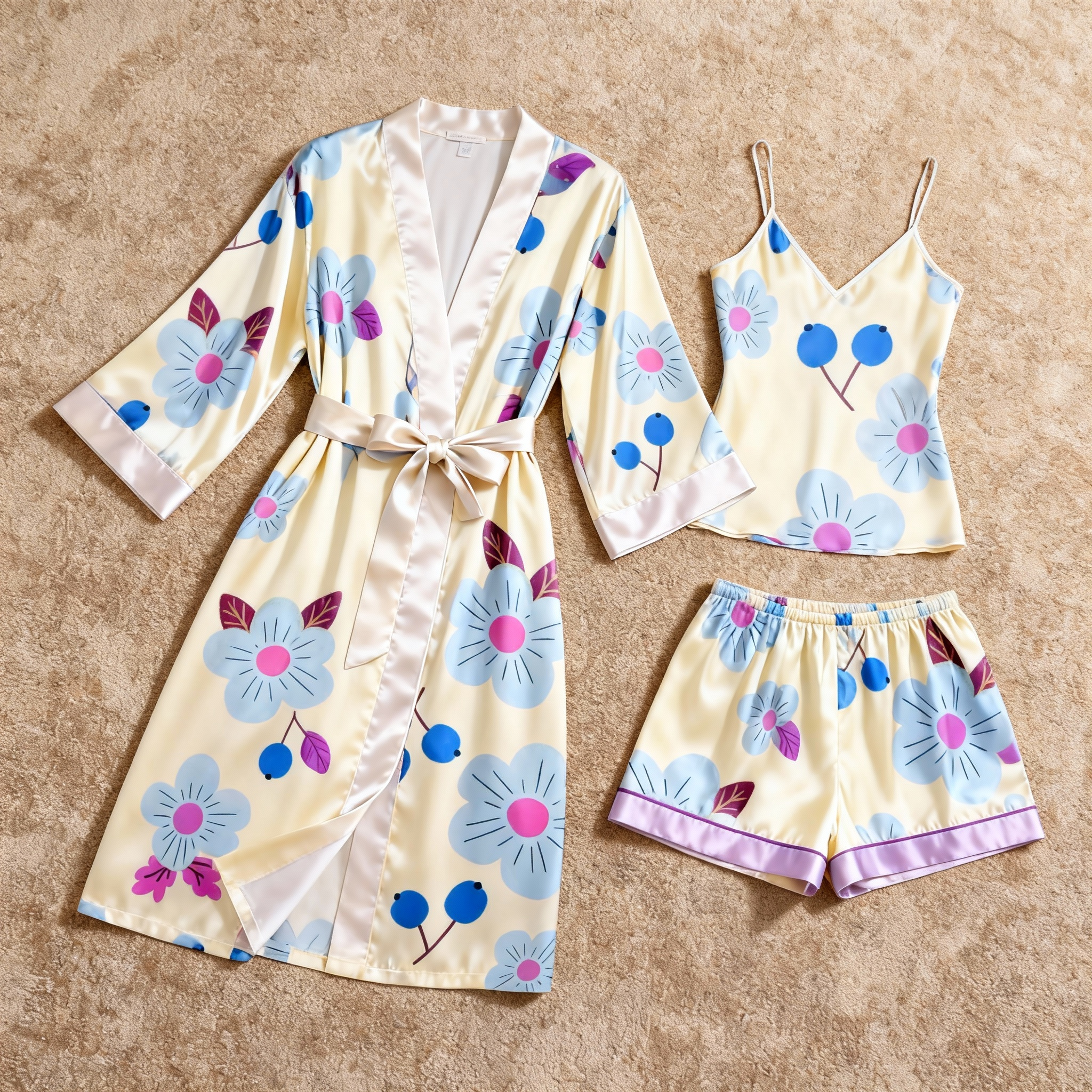 Elegant Satin 3-Piece Loungewear Set with Blue Floral Design