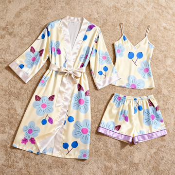 Elegant Satin 3-Piece Loungewear Set with Blue Floral Design