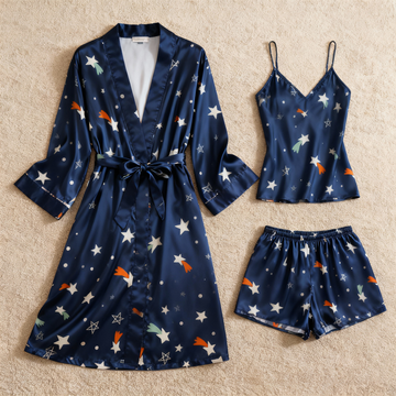 Star Pattern Glow Silky Satin 3-Piece Loungewear Set
