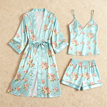 Delicate Blossoms Print Elegance 3-Piece Satin Lounge Set for Women