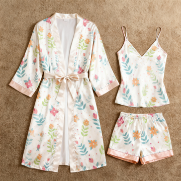 Elegant Satin 3-Piece Loungewear Set with Dreamy Floral Design