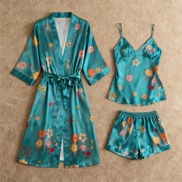 Elegant Satin Loungewear Trio with Blooming Floral Motifs