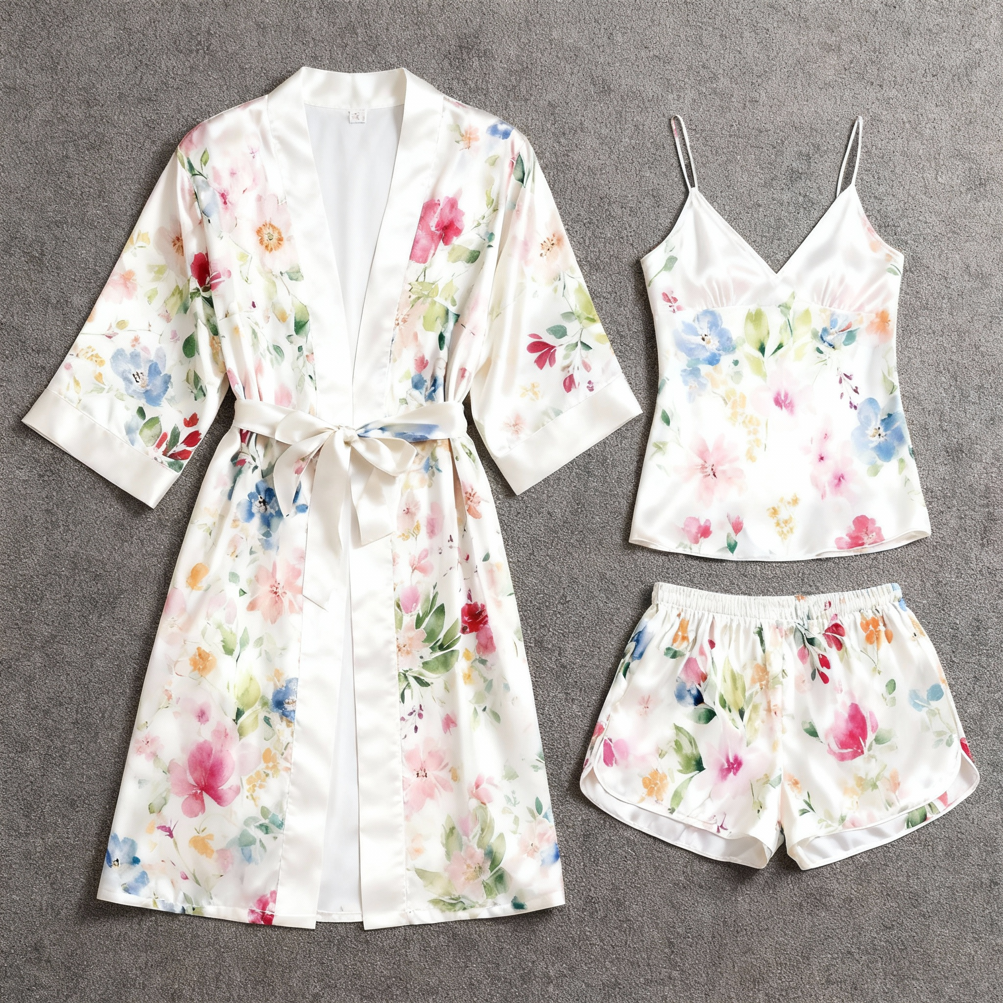 Soft Floral Pattern Glow Silky Satin 3-Piece Loungewear Set