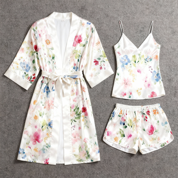 Soft Floral Pattern Glow Silky Satin 3-Piece Loungewear Set