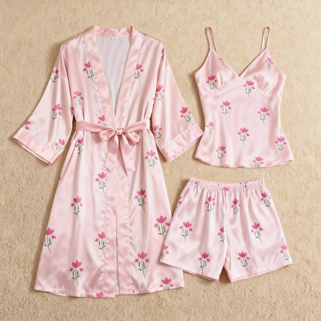 Floral Print Elegance 3-Piece Satin Lounge Set for Women