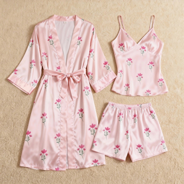 Floral Print Elegance 3-Piece Satin Lounge Set for Women