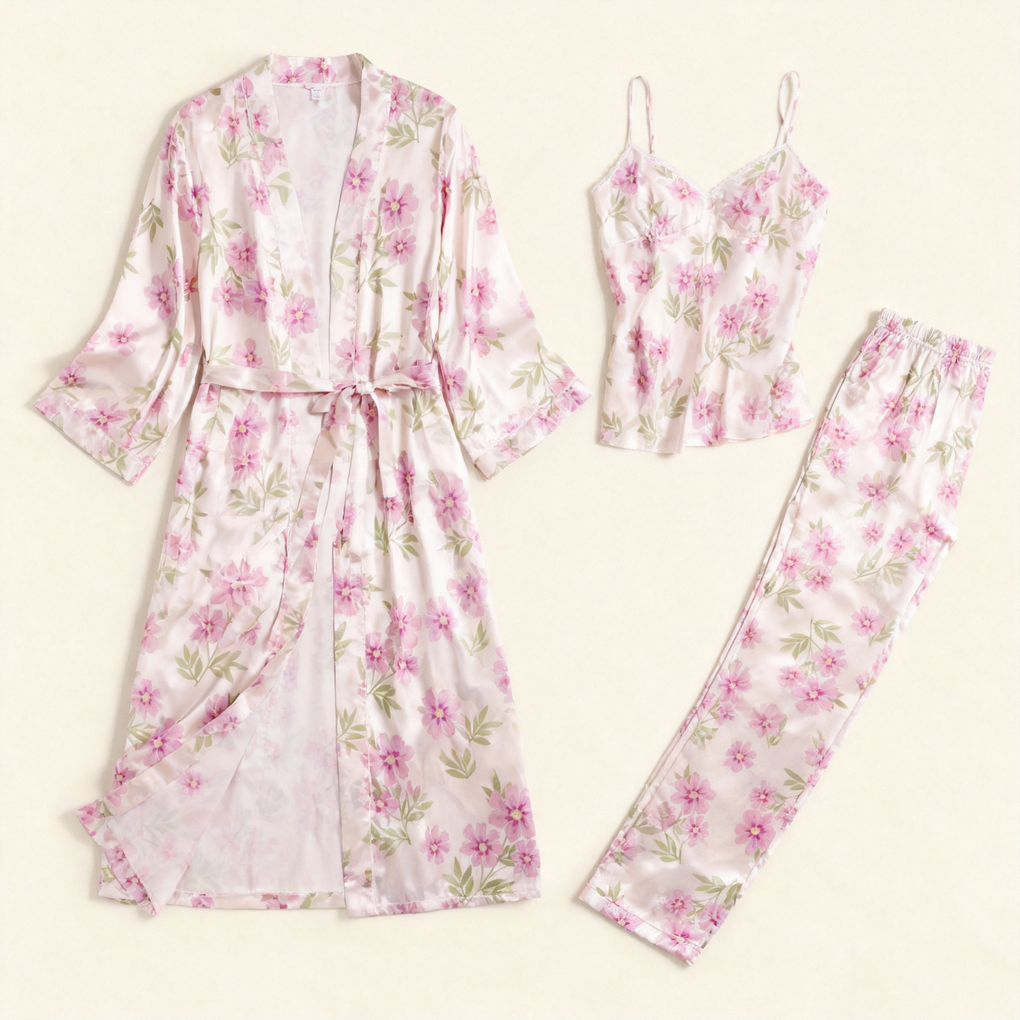 Women's 3-Piece Dense Floral Satin Loungewear