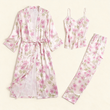 Women's 3-Piece Dense Floral Satin Loungewear