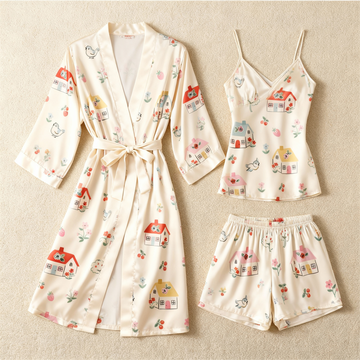 Elegant Satin Loungewear Trio with Lovely House Motifs