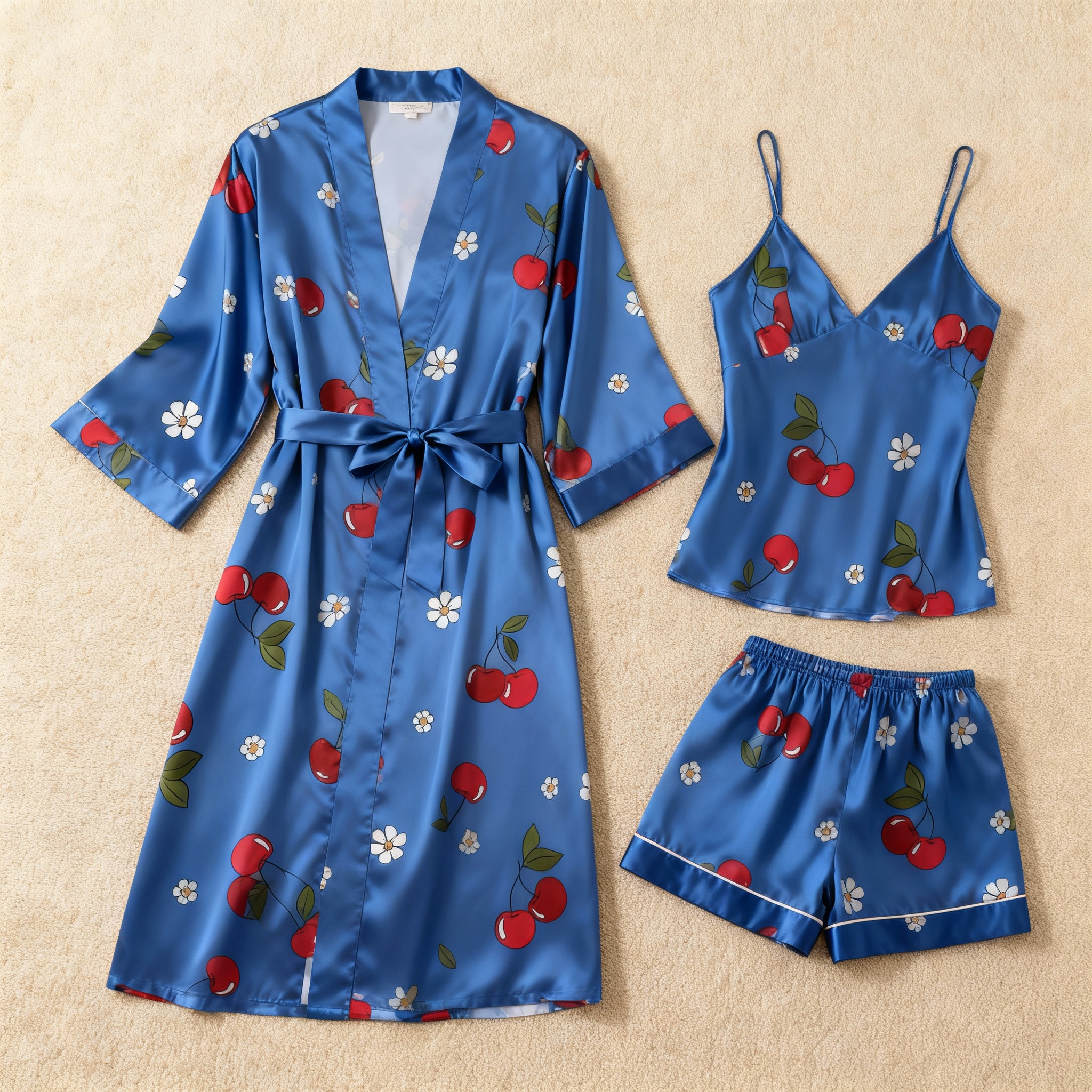 Fine Cherry Print Elegance 3-Piece Satin Lounge Set for Women