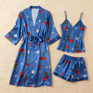 Fine Cherry Print Elegance 3-Piece Satin Lounge Set for Women