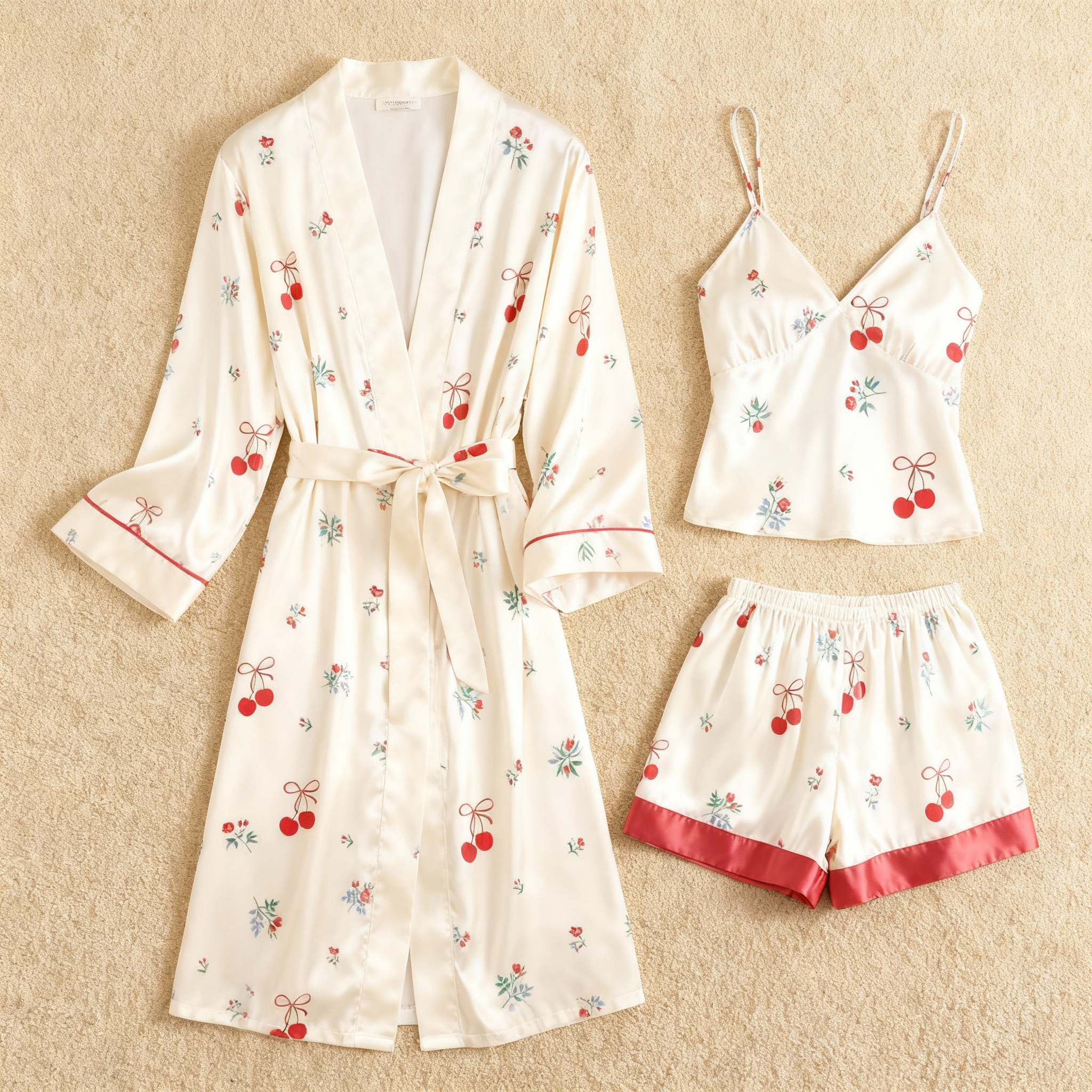 Mini-Cherry Print Elegance 3-Piece Satin Lounge Set for Women