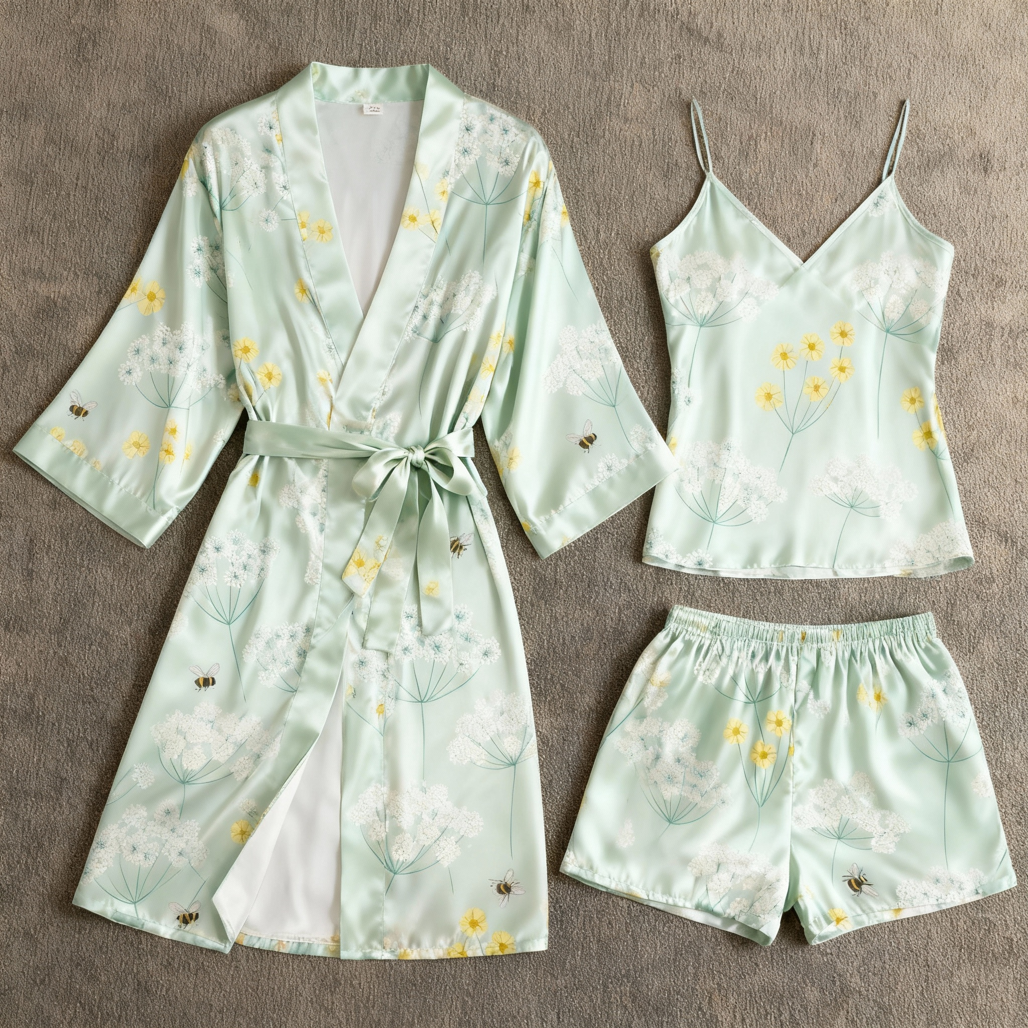 Elegant Satin Loungewear Trio in Pale Green Style