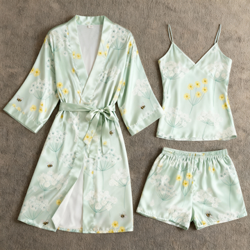 Elegant Satin Loungewear Trio in Pale Green Style