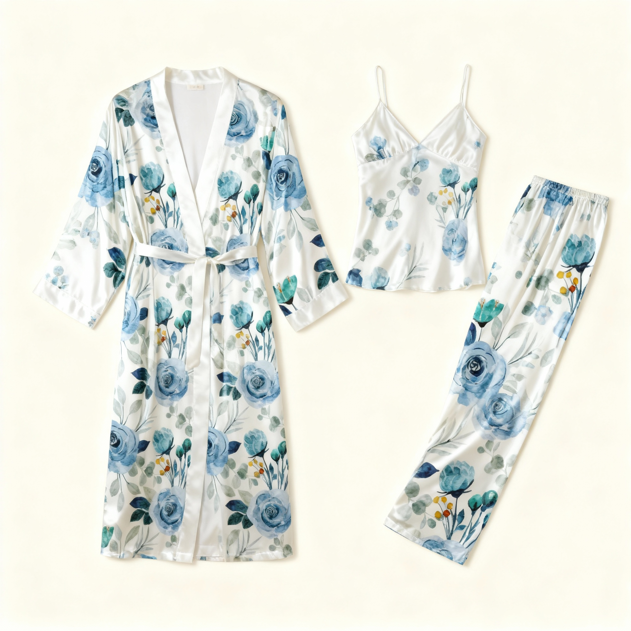 Women's 3-Piece Dreamy Blue Floral Satin Loungewear