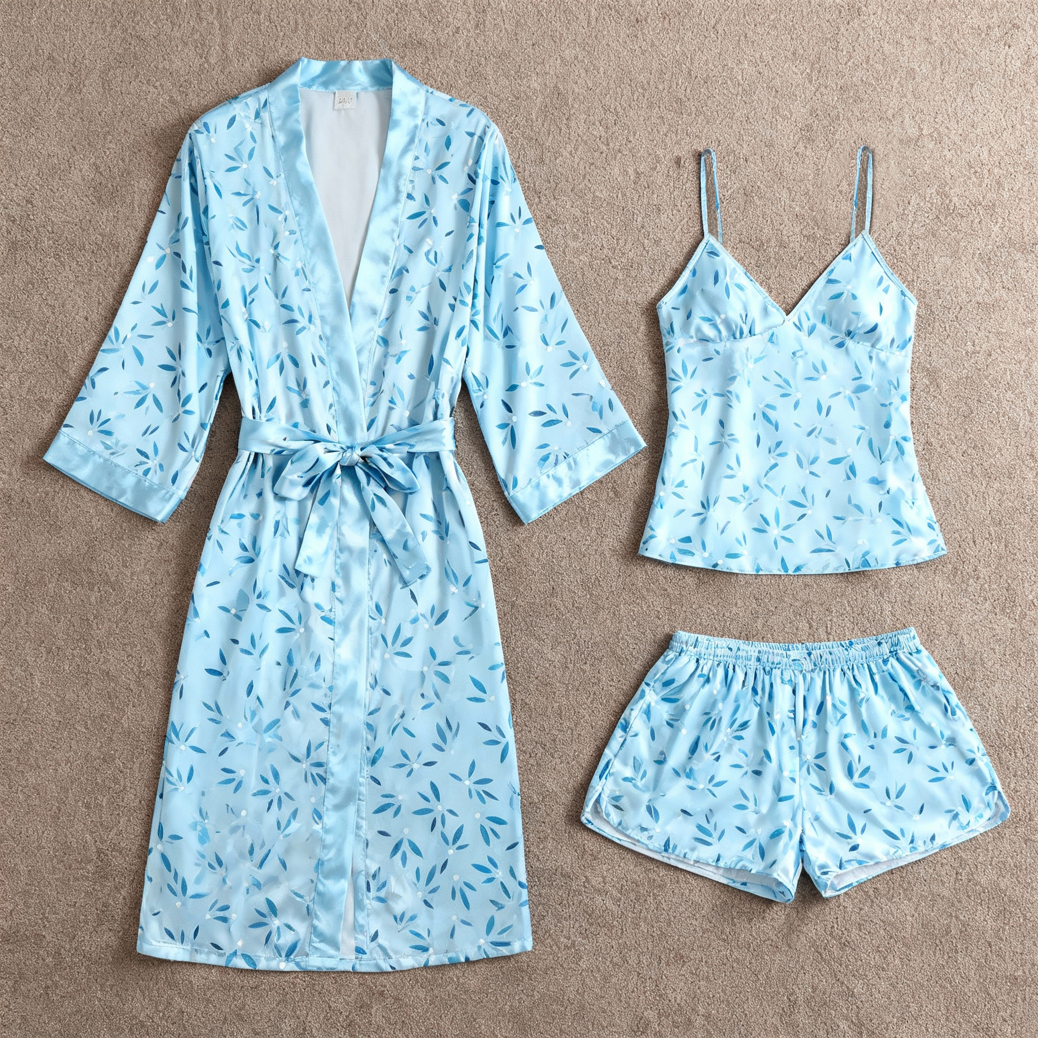 Botanical Leaves Pattern Glow Silky Satin 3-Piece Loungewear Set