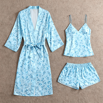 Botanical Leaves Pattern Glow Silky Satin 3-Piece Loungewear Set