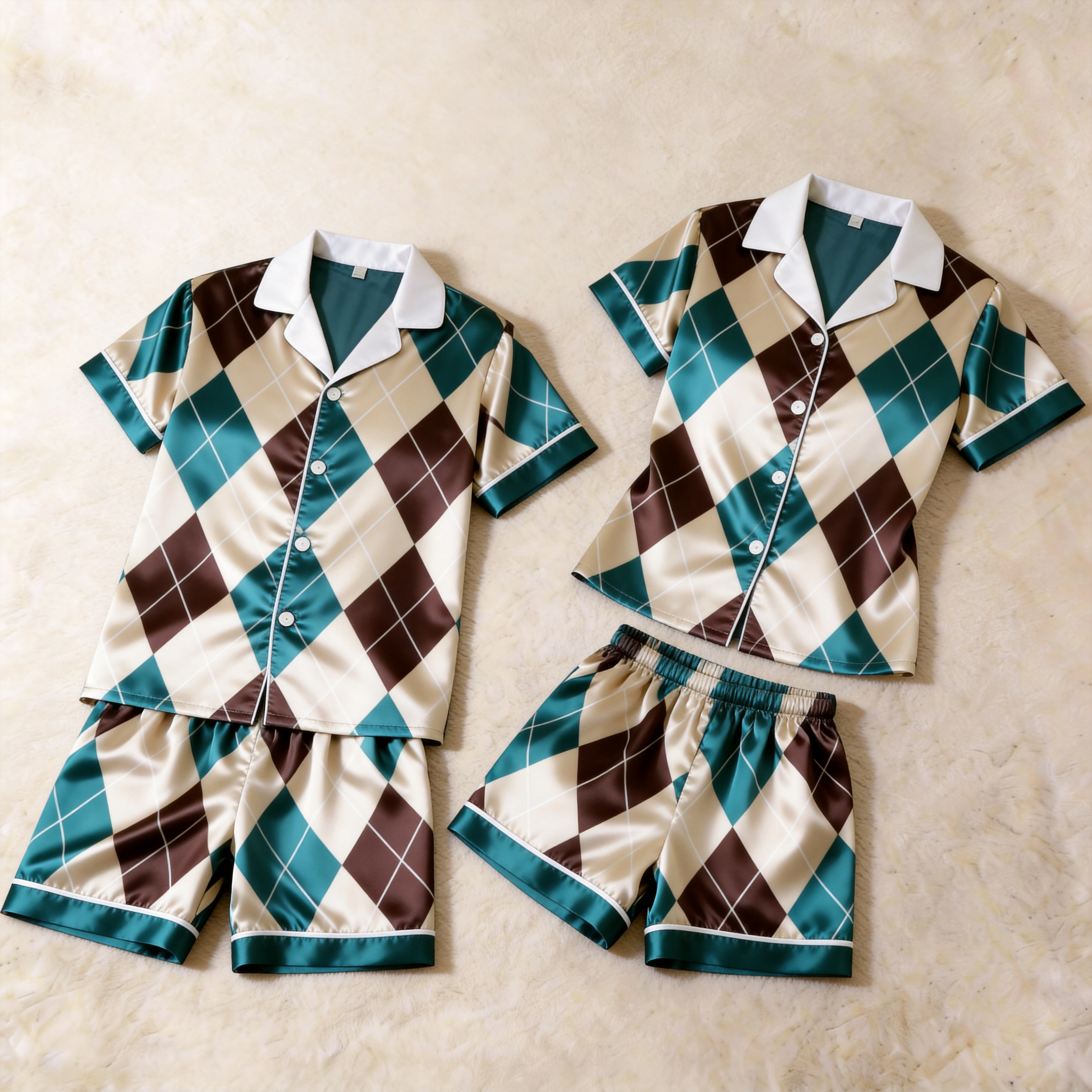 Green & Brown Plaid Print Satin Short Sleeve Couple Pajamas for Summer