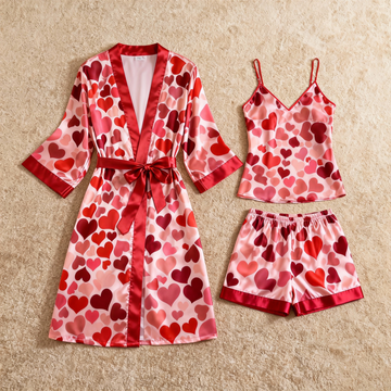 Elegant Satin 3-Piece Loungewear Set with Romantic Midnight Design