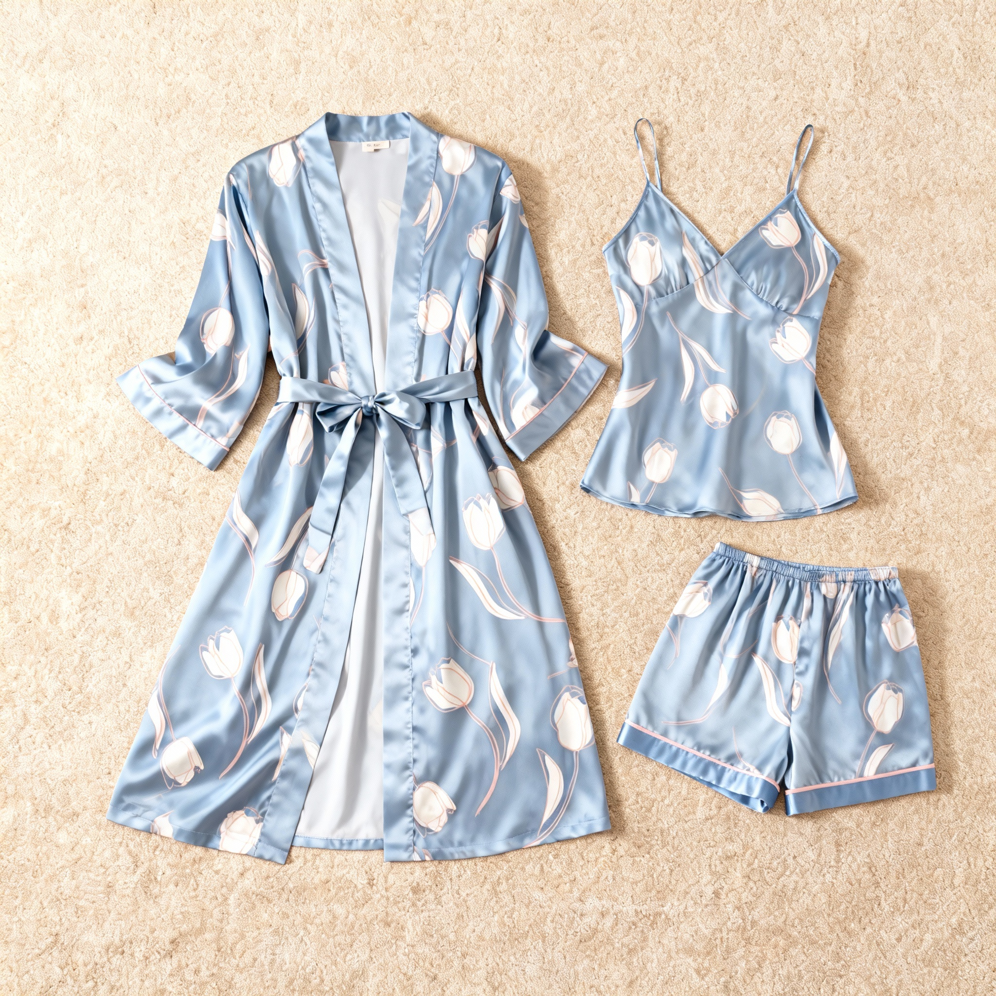 Dreamy Floral Print Elegance 3-Piece Satin Lounge Set for Women
