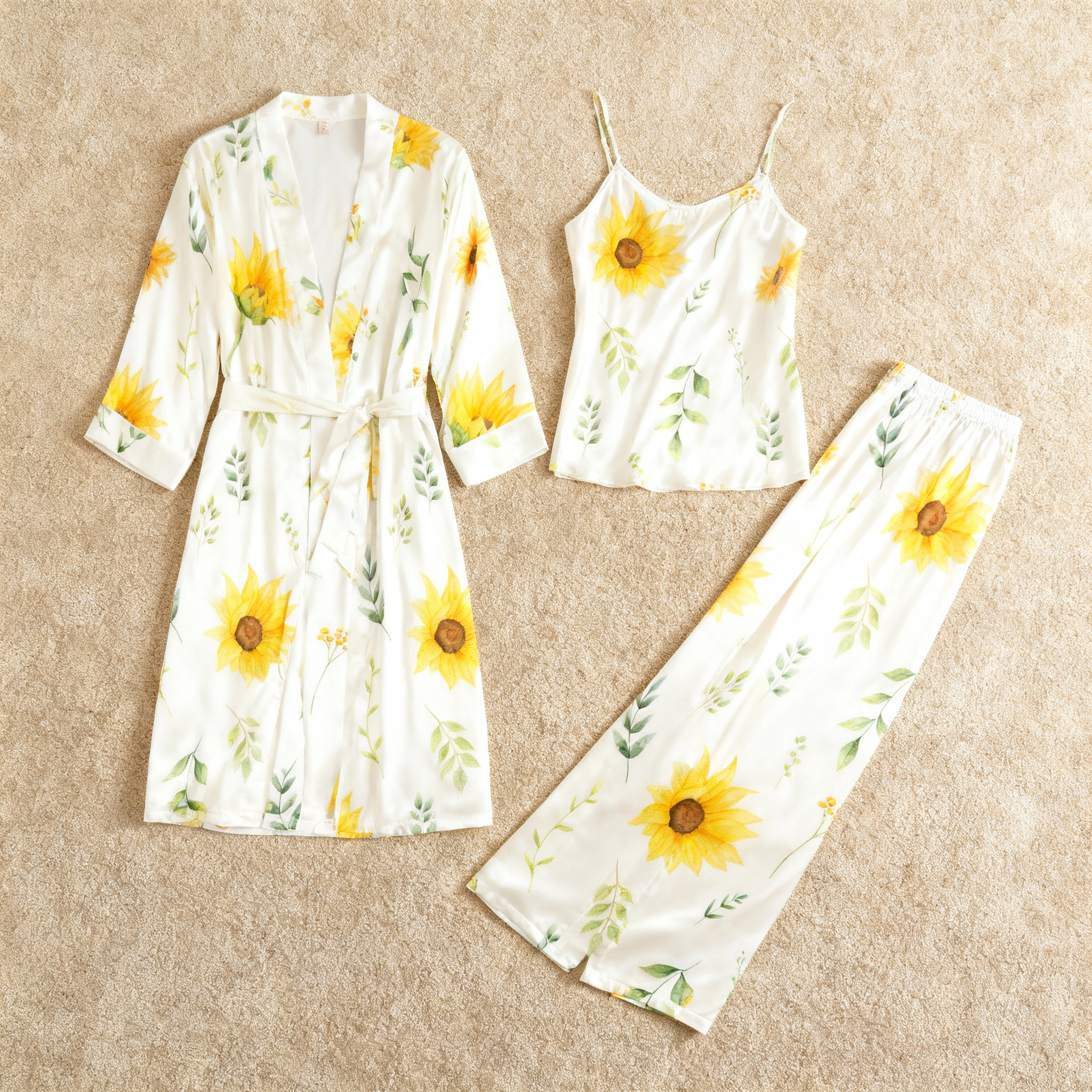 Women's 3-Piece Bright Sunflower Satin Loungewear
