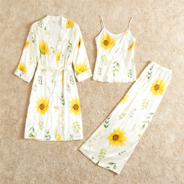 Women's 3-Piece Bright Sunflower Satin Loungewear