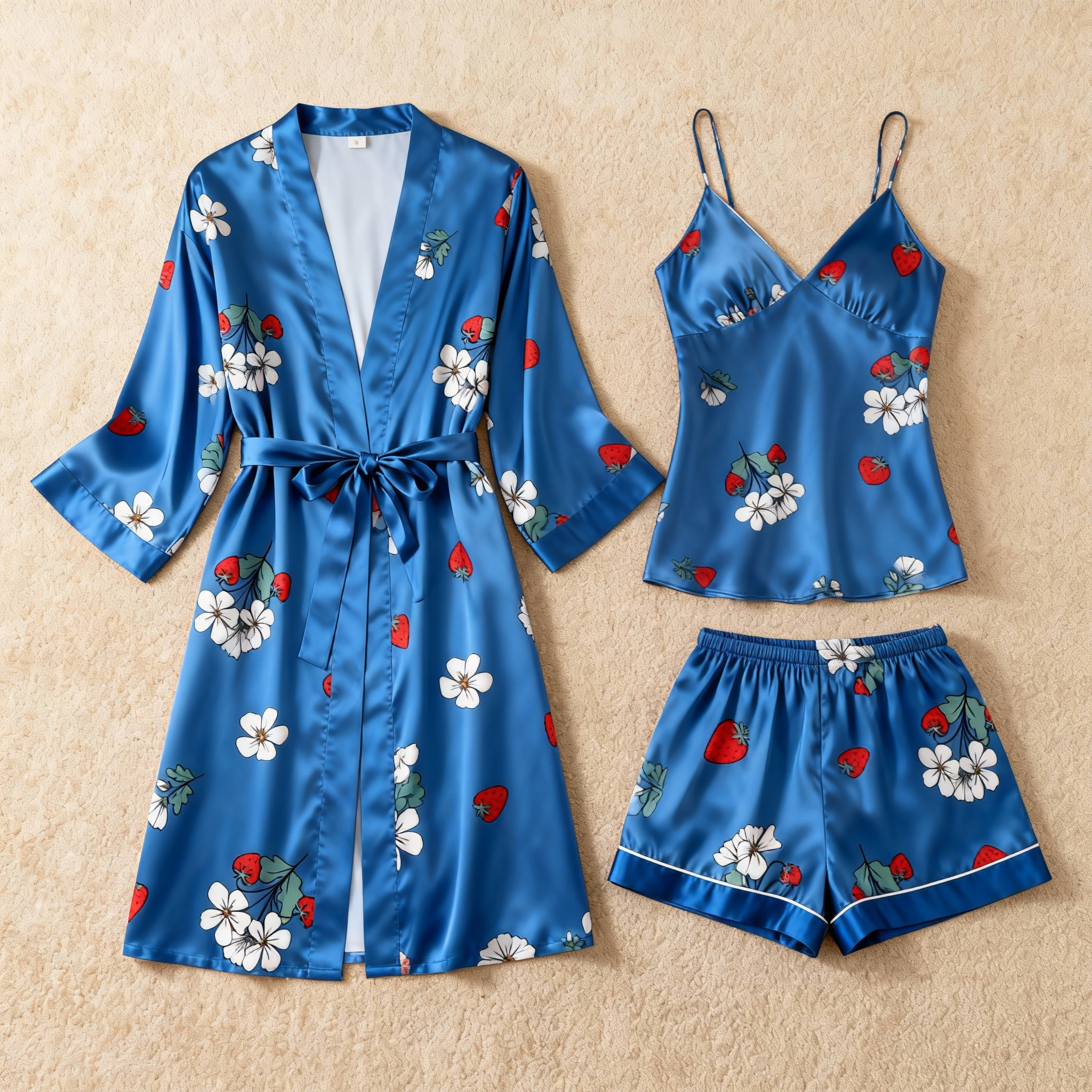 Strawberry & Botanical Print Elegance 3-Piece Satin Lounge Set for Women