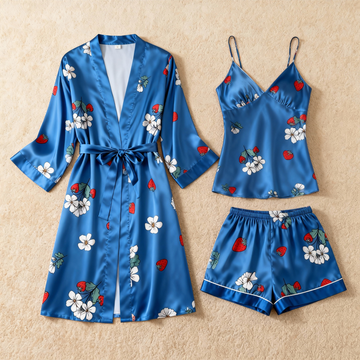 Strawberry & Botanical Print Elegance 3-Piece Satin Lounge Set for Women