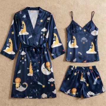 Elegant Satin Navy Loungewear Trio with Lovely Animals Motif