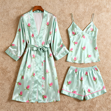 Elegant Satin 3-Piece Loungewear Set with Floral Pattern
