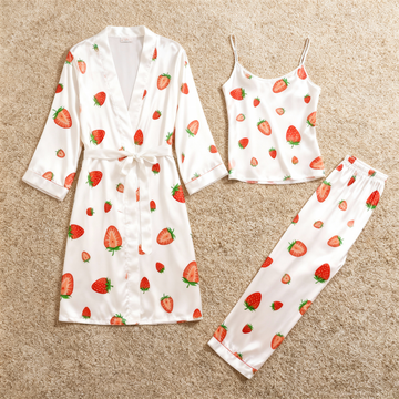 Women's 3-Piece Sweet Stawberry Satin Loungewear