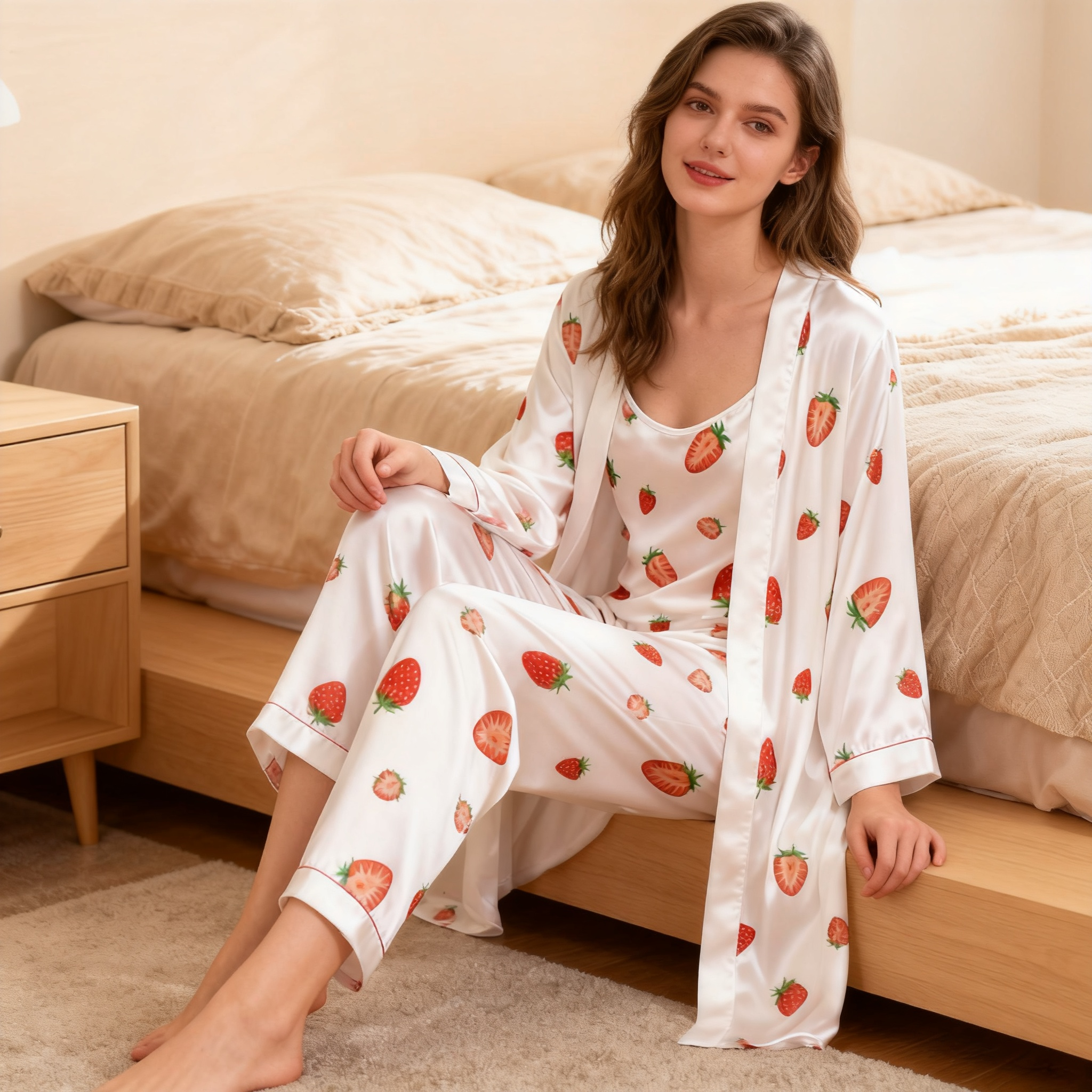 Women's 3-Piece Sweet Stawberry Satin Loungewear