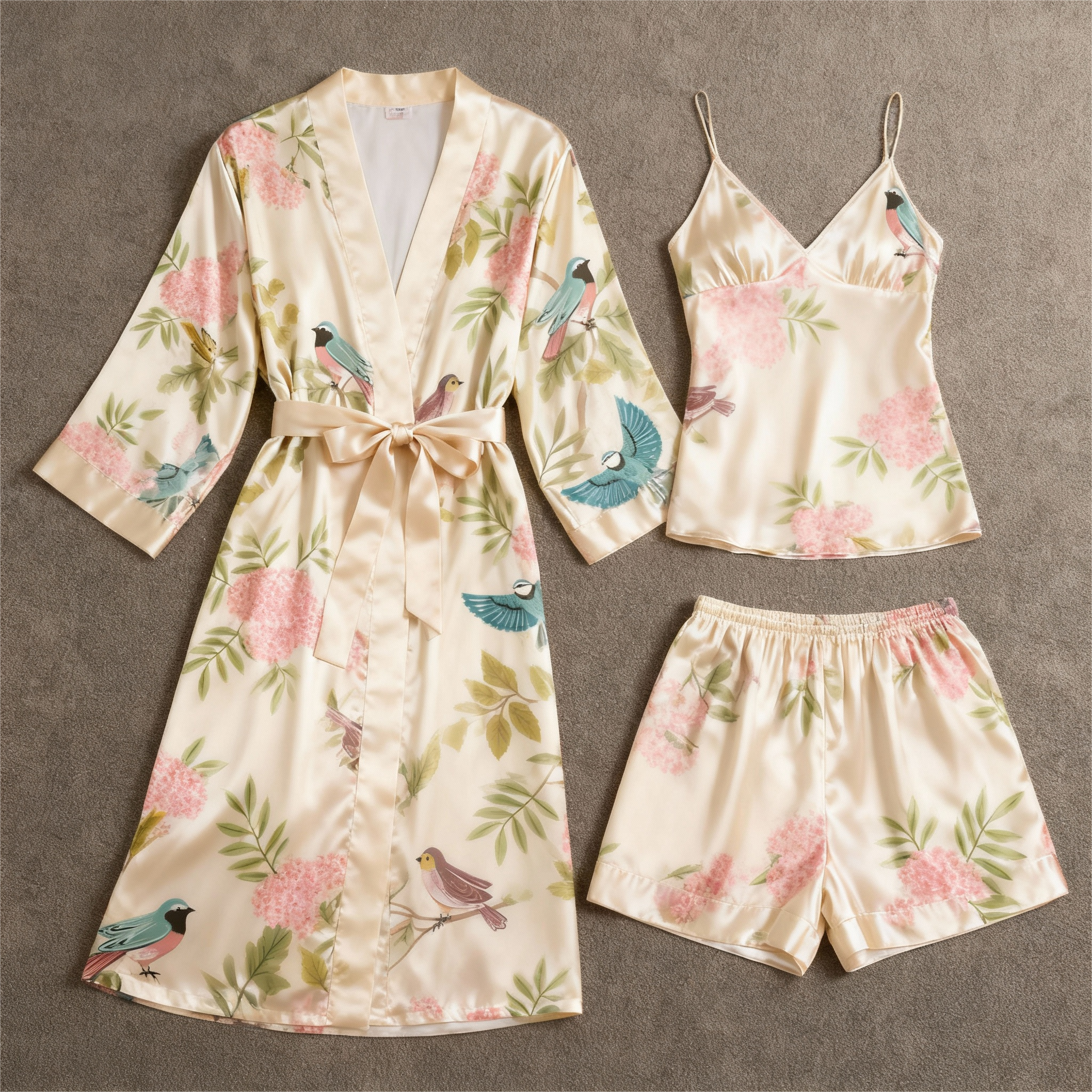 Elegant Satin Loungewear Trio with Spring Florals Motif