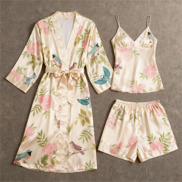 Elegant Satin Loungewear Trio with Spring Florals Motif